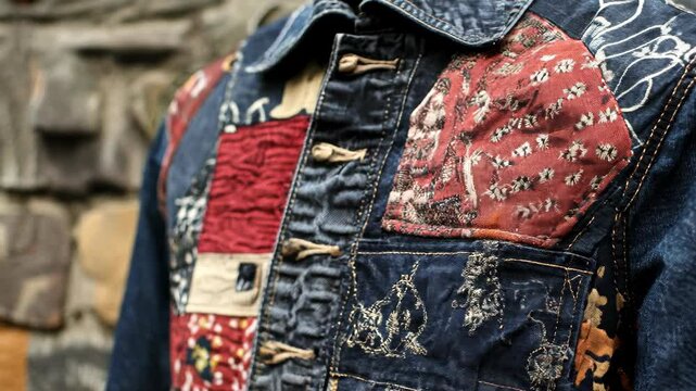 A patchwork denim jacket made from upcycled vintage fabrics with bright accents and patterns. A recycled clothing design close-up.