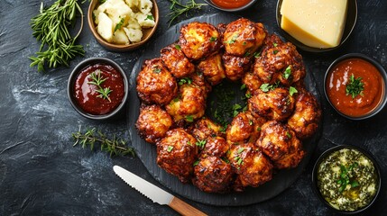 A stylish flat-lay of monkey bread, gourmet dipping sauces, and a small cheese knife, all isolated on a slate backdrop