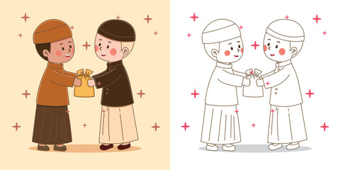 a cute Muslim boy giving a charity bag for a design element or coloring book element