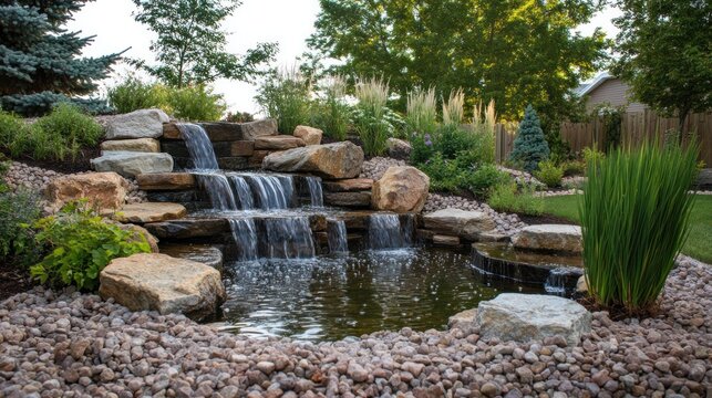 Backyard waterfall landscape design, tranquil garden, flowing water feature