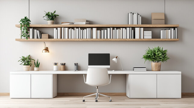 minimalist home office setup featuring white desk, ergonomic chair, and plants. organized shelves display books and decorative items, creating serene workspace