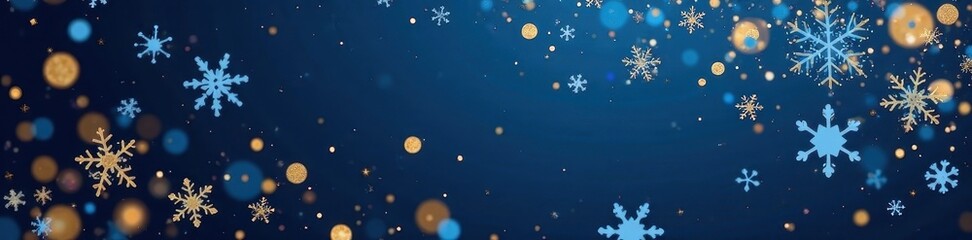 Fototapeta premium Dark navy blue background, scattered gold sequins & white snowflakes , gold, background, navy