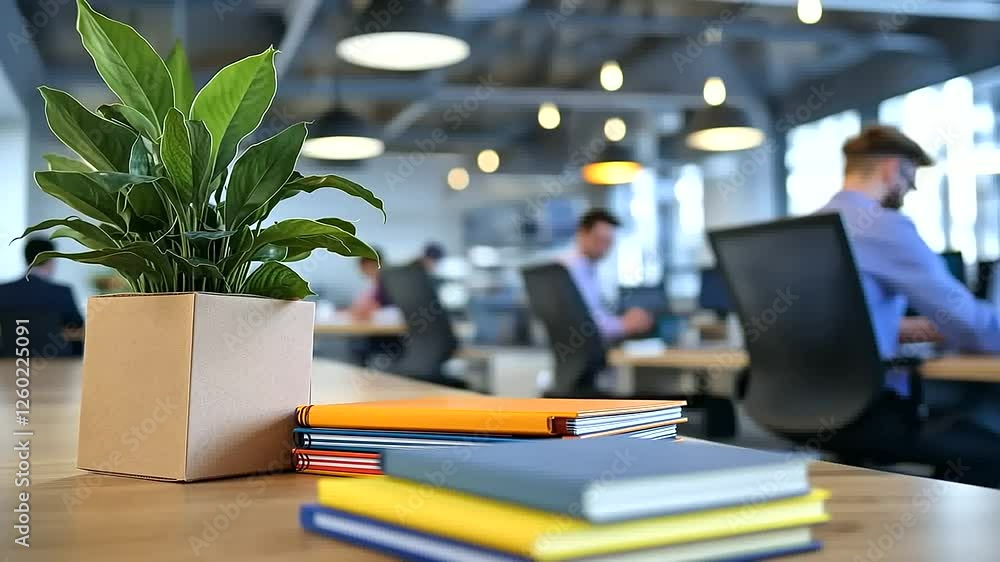 Poster an employee in a stylish workspace sets down a stack of colorful notebooks and a leafy plant into a 