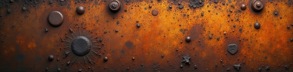 Obraz premium Deeply pitted metal, rusted orange and brown hues, grunge texture, debris, steel