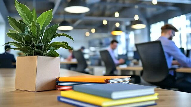 An employee in a stylish workspace sets down a stack of colorful notebooks and a leafy plant into a box, the open-plan office buzzing quietly in the background.