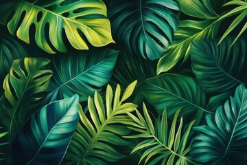 Abstract botanical background with tropical leaves in vibrant greens, highlighting lush vegetation and exotic plants. Ideal for botanical and nature-themed projects.