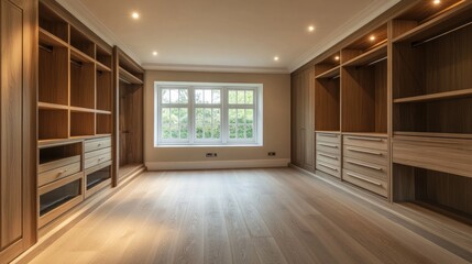 Fototapeta premium Luxurious Walk-in Closet Design: Modern Wooden Wardrobe with Ample Storage
