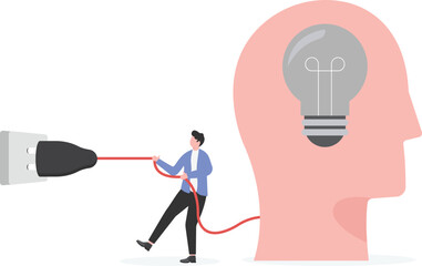 Business concept illustration of a businessman trying to unplug the light bulb brain, sabotage, killing creativity concept
