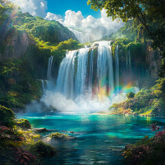 Fototapeta premium A powerful waterfall cascading down mossy cliffs into a turquoise lagoon, surrounded by exotic tropical flora, with misty rainbows forming in the sunlight
