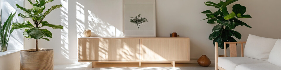 Light Wood Sideboard with Fiddle Leaf Figs and Botanical Print in Sunlit Room