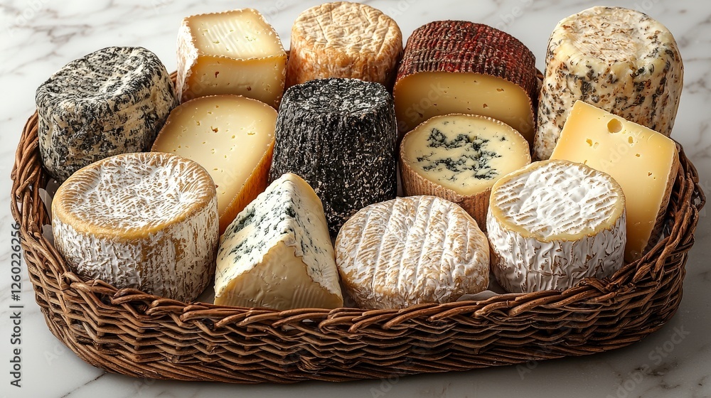 Poster a varied cheese display that conveys a rustic, homestyle feel, filled with different types of cheese