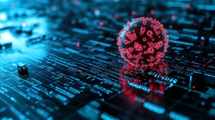 Cyber Virus: Glowing Red Sphere on Futuristic Circuit Board