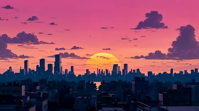 Aerial view of a cityscape at sunset in a retro, pixel art style, capturing a nostalgic video game aesthetic with vibrant pink and orange hues.