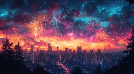 Fototapeta premium Festive Fireworks Display Over City Skyline at Night