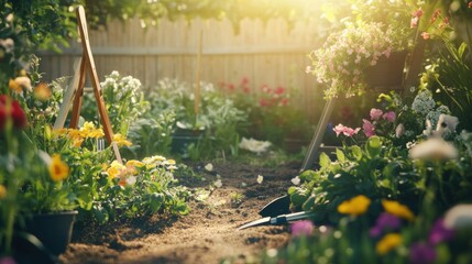 Vibrant photo of a well-organized gardening area in a backyard. Midday sun highlighting lush plants. Emphasizing growth and nature. Perfect for horticulture and home improvement guides.