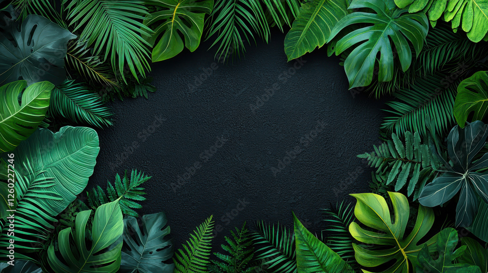 Poster lush botanical background featuring various rainforest leaves, creating vibrant and natural frame. d