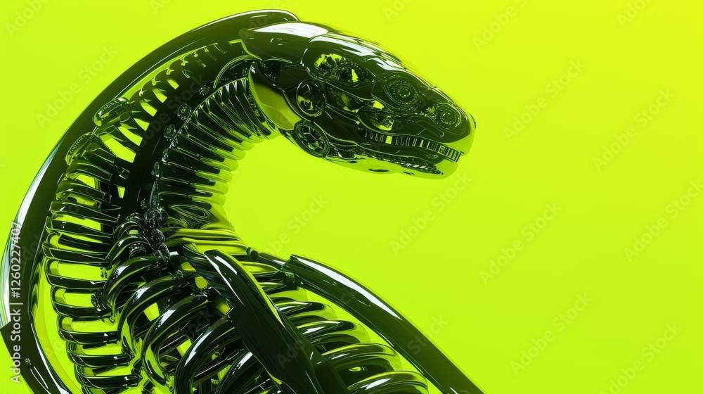 Poster a high-tech robotic snake with a sleek metallic structure set against a vibrant neon green backgroun