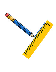 Blue Pencil drawing a Line from a Ruler. Vector graphic editable illustration. Engineering and geometry. Cartoon image.