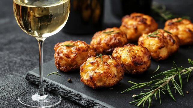 An upscale brunch setting with monkey bread, a glass of white wine, and scattered rosemary sprigs, isolated on a deep matte surface
