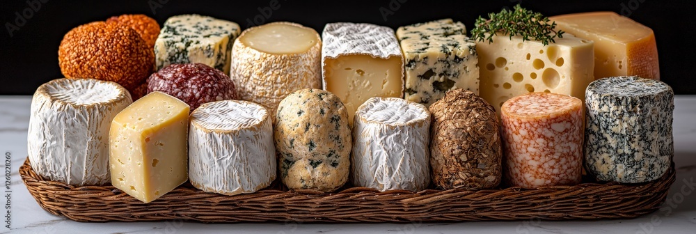 Aufkleber an impressive array of diverse cheeses meticulously arranged, emphasizing color contrasts and textur