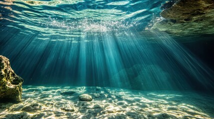 Obraz premium Underwater sunbeams illuminate ocean floor; tranquil scene