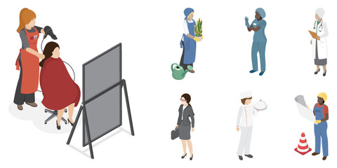 Women different profession. Different ages and races character without face. Vector illustration in isometric style