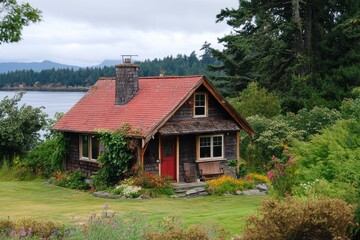 Obraz premium Cozy lakeside cabin with red roof.