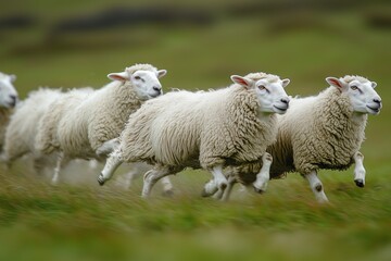 Naklejka premium A group of fluffy sheep running energetically across a vibrant green grassland, capturing the essence of countryside movement.