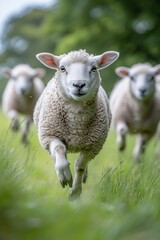 Fototapeta premium Adorable lambs joyfully running through a lush green field, showcasing a sense of freedom and natural beauty.
