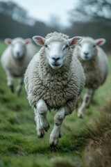 A group of fluffy sheep energetically run towards the camera across a lush green field, showcasing pastoral life.