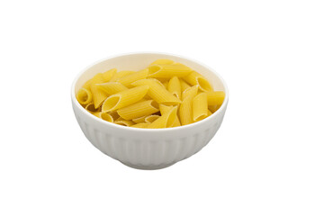 Uncooked dry penne in white ceramic bowl, isolated on an white background, penne , pasta for cooking.