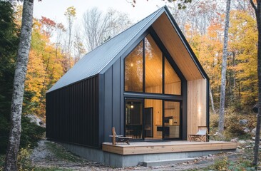 A small, modern house with a gable roof made of dark blue metal sheets and wood. It features large windows and black steel cladding
