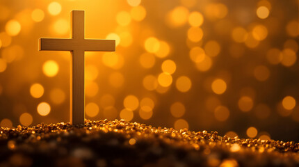 A Close-up of a Cross on a Glittery Surface, Background is Blurred Golden Hue With Bokeh Lights Shining, Lights Create a Soft and Dreamy Effect, Glitter on the Surface Adds a Touch of Sparkle and Shin
