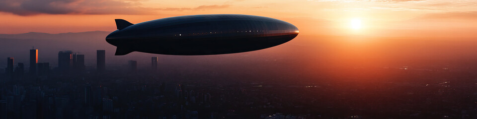 Fototapeta premium Airship over City at Sunset