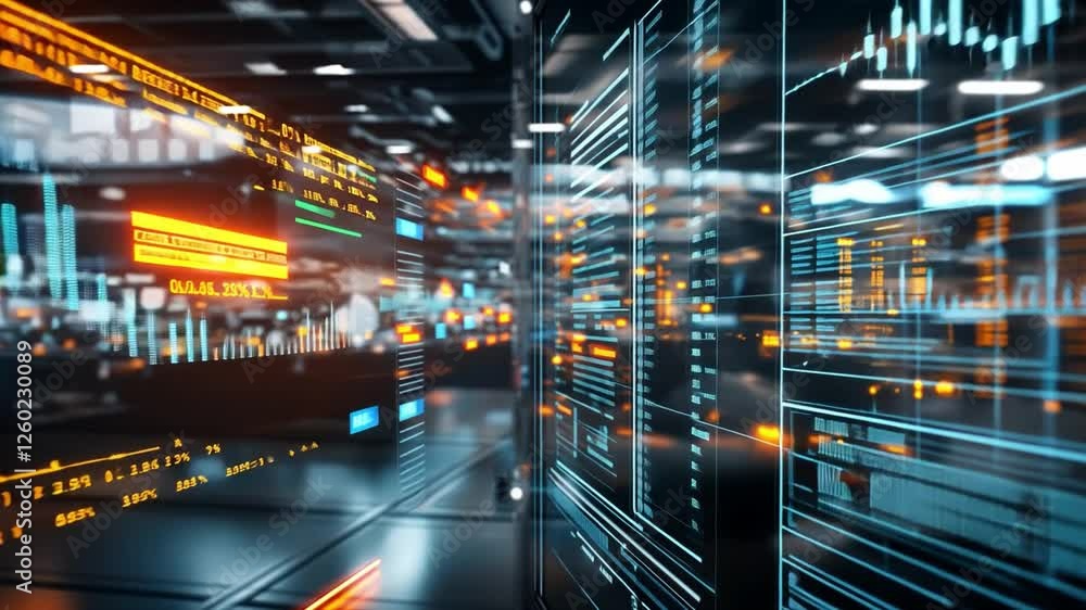 Poster high-tech data analysis environment with dynamic digital displays in a modern setting