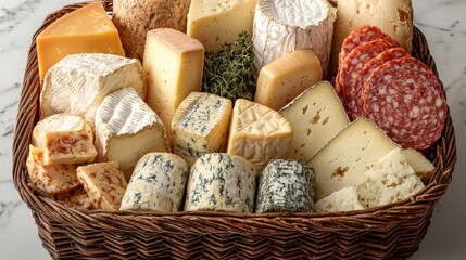 A selection of various cheeses artfully arranged in a stylish basket, ideal for showcasing the beauty and diversity of local dairy products.