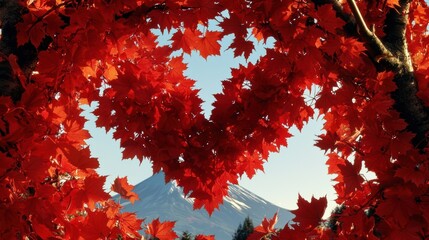 Captivating heart-shaped red leaves framing mount fuji nature photography autumn serenity scenic view