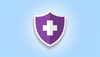 Obraz premium Minimalist purple medical shield with cross on blue background