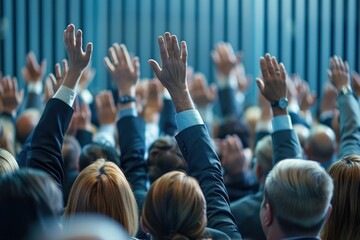 Audience participation in a conference or meeting, many hands raised in questions or agreement.