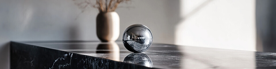 Obraz premium Chrome Sphere on Dark Marble Surface with Vase and Dried Flowers