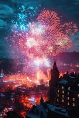 Fototapeta premium Festive Fireworks Display Over Cityscape at Night