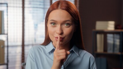Smiling Caucasian business woman girl female businesswoman employer manager in office hold index...