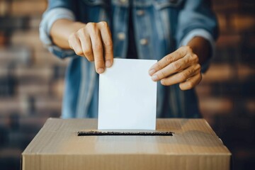 Person dropping a blank ballot into a cardboard box during an election.