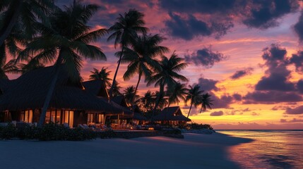 Obraz premium Tropical beach bungalows sunset ocean vacation