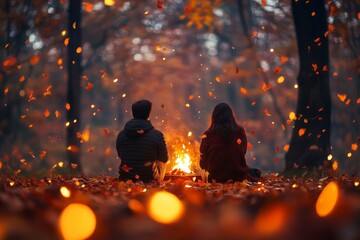 Couple autumn bonfire forest romance date