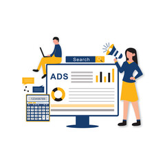 Adword campaign concept, Search marketing, PPC advertising banner. Flat cartoon design 