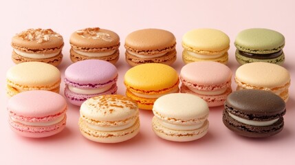 Colorful macarons on pink background, sweet treat, dessert assortment, food photography, baking