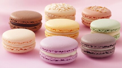 Obraz premium Colorful macarons on pink background, sweet treat