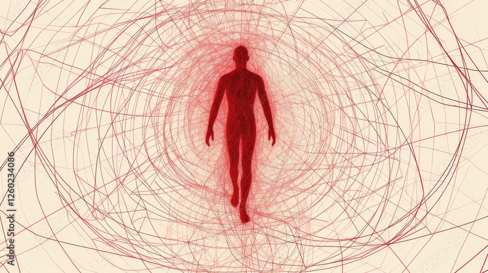 Poster a digital artwork of a silhouetted man walking toward the viewer, surrounded by an intricate web of 