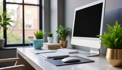 Modern workspace with computer and coffee cup by window, productivity